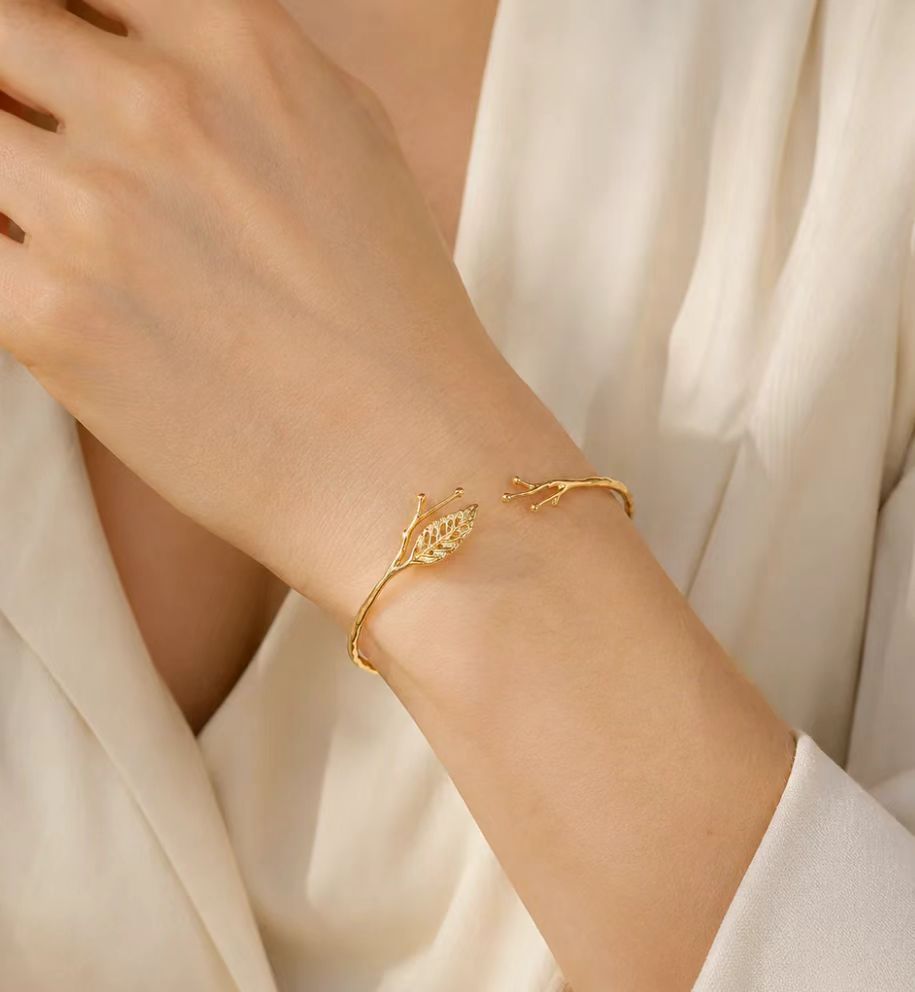 14K Gold Leaf Branch Open Cuff Bracelet