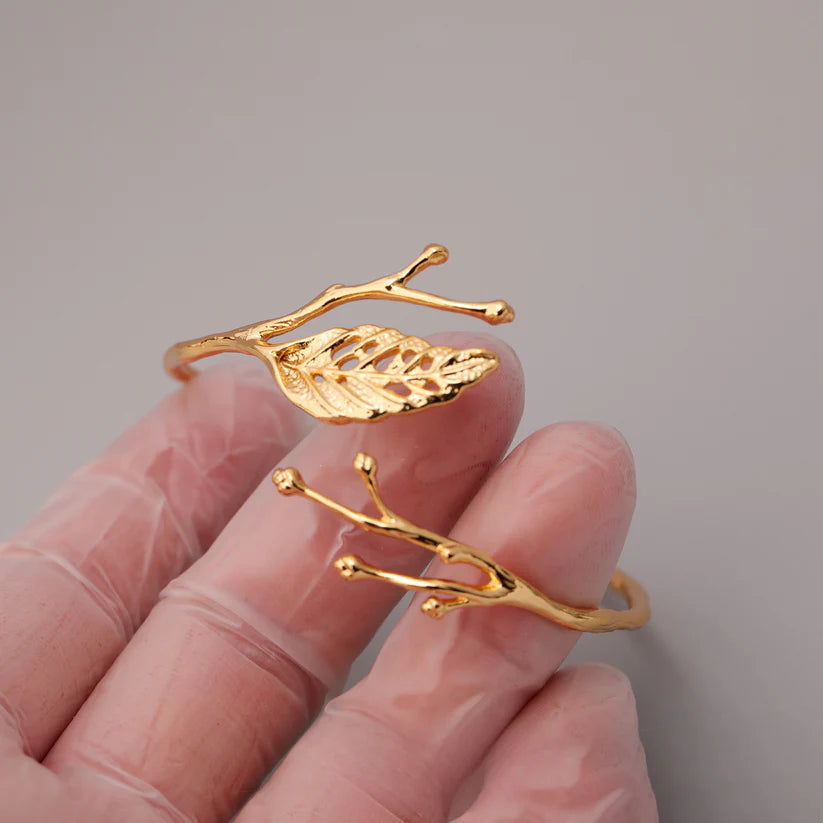 14K Gold Leaf Branch Open Cuff Bracelet