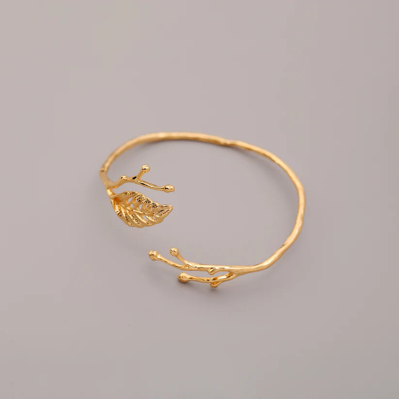 14K Gold Leaf Branch Open Cuff Bracelet
