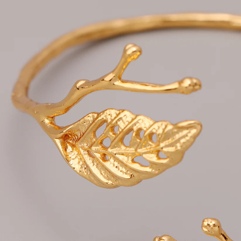 14K Gold Leaf Branch Open Cuff Bracelet