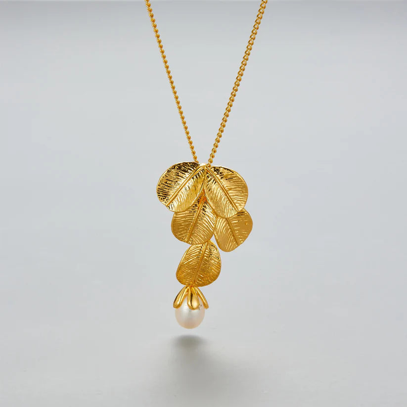 14K Gold Leaf Pearl Long Necklace