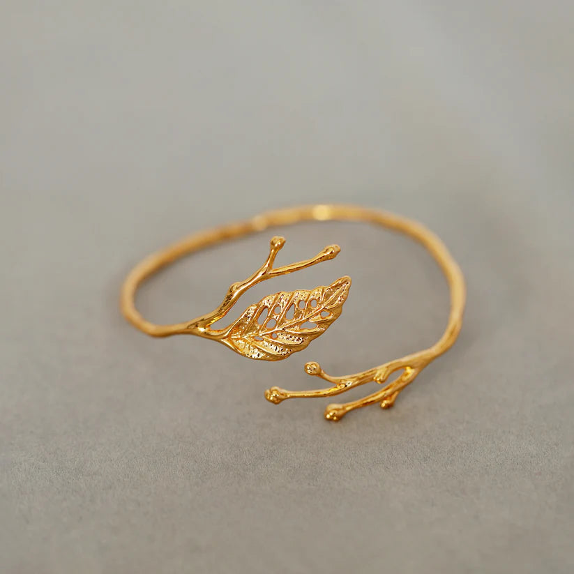 14K Gold Leaf Branch Open Cuff Bracelet
