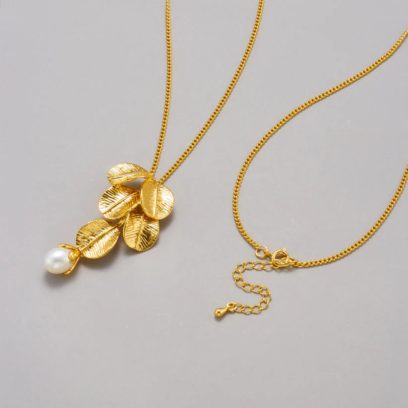 14K Gold Leaf Pearl Long Necklace