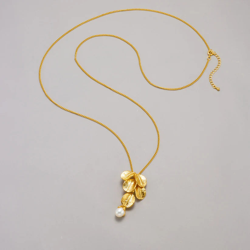 14K Gold Leaf Pearl Long Necklace